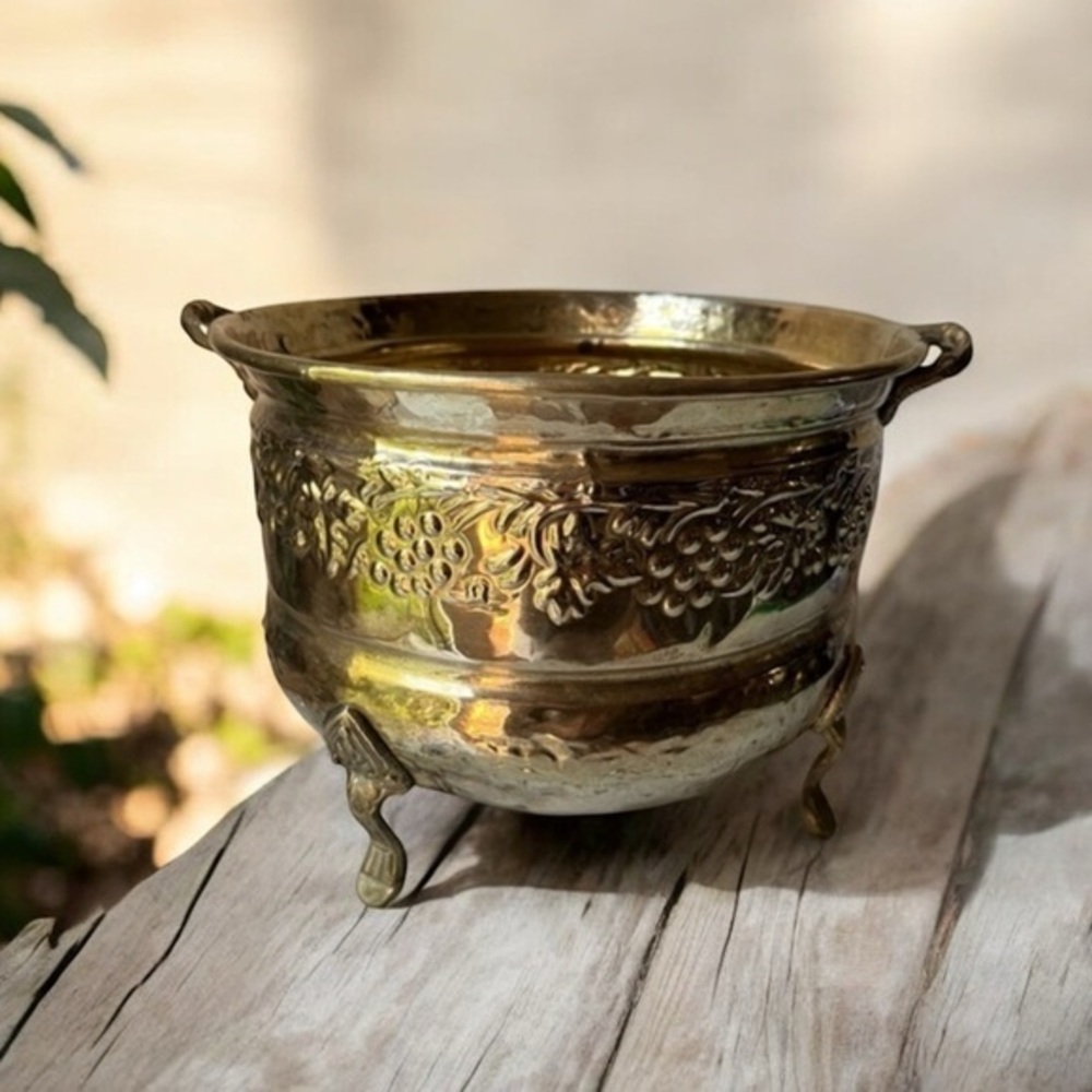 vintage brass footed planter With Handles Embossing Grape Motif India